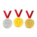 Medal icon set. Gold, silver and bronze medal with ribbon isolated on white background. 1st,  2nd, 3rd place award or winner sign. Royalty Free Stock Photo